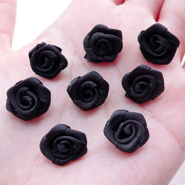 Small Rose Applique / Little Fabric Rose Bud / Satin Ribbon Rose Flower (8pcs / 1.5cm / Black) Rose Decoration Floral Jewellery Making B225