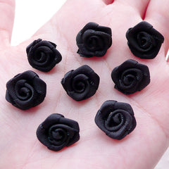 Small Rose Applique / Little Fabric Rose Bud / Satin Ribbon Rose Flower (8pcs / 1.5cm / Black) Rose Decoration Floral Jewellery Making B225