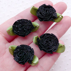 Flower with Leaf Applique / Satin Ribbon Flower (4pcs / 3cm / Black) Fabric Floral Decoration Scrapbook Flower Jewellery DIY Headbands B229