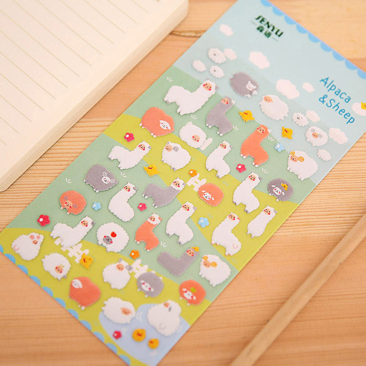 Alpaca and Sheep Puffy Sticker (1 Sheet) Kawaii Animal Scrapbooking Gift Wrap Packaging Diary Deco Collage Card Making Party Decoration S287