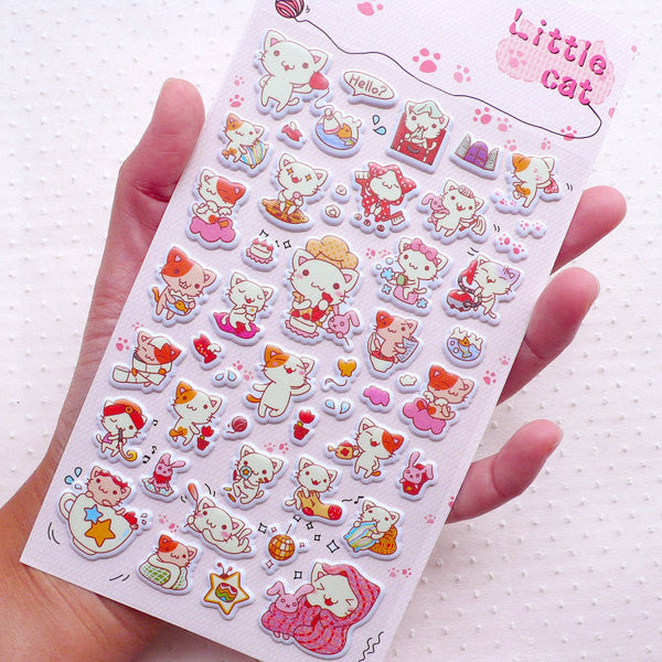 Kawaii Kitty Cat Puffy Sticker / Cute Kittie Kitten Sticker (1 Sheet) Animal Scrapbook Journal Decoration Diary Deco Card Embellishment S293