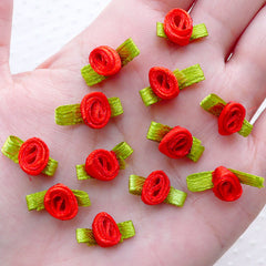 Mini Rose Flowers with Leaf / Tiny Satin Ribbon Rose Bud / Fabric Floral Applique (12pcs / 1.5cm / Red) Sewing Supply Flower Decoration B238