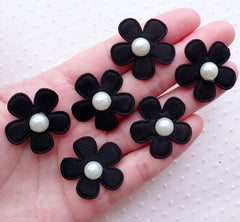 Satin Flower Applique with Pearl Center / Fabric Floral Applique (6pcs / 27mm / Black) Scrapbooking Sewing Supplies Embellishment B240