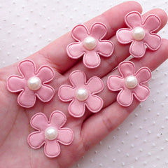 Fabric Flower Applique with Pearl Center / Satin Floral Applique (6pcs / 27mm / Pink) Sewing Supply Card Decoration Hair Clip Making B241