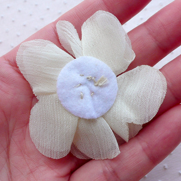 Chiffon Flower with Pearl & Gem / White Puff Flower Applique