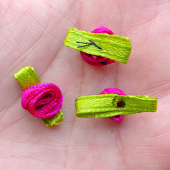 Tiny Rose Bud with Leaf / Mini Satin Ribbon Floral Applique (12pcs / 1.5cm / Dark Pink) Sewing Supplies Floral Decoration Scrapbooking B239