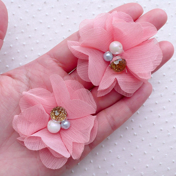 Chiffon Flower with Gem & Pearl / Fabric Flower Applique / Puff Floral, MiniatureSweet, Kawaii Resin Crafts, Decoden Cabochons Supplies