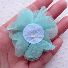Puff Chiffon Flower with Gem & Pearl / Fabric Floral Applique (2pcs / 5.5cm / Mint) Hair Clip Shoe Clip Flower Jewelry Making Scrapbook B248