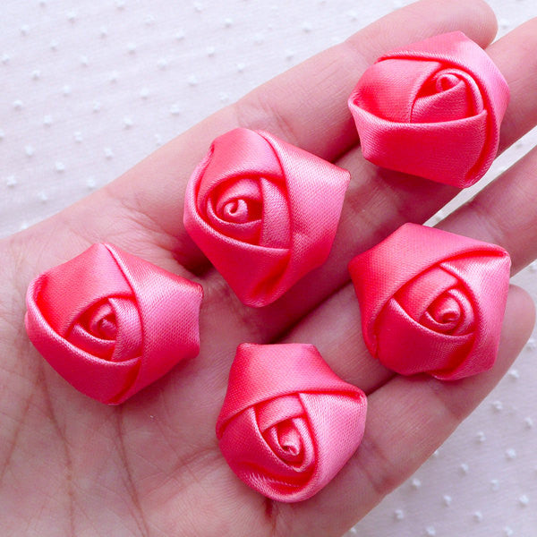 Rose Bud Applique / Satin Ribbon Flowers / Fabric Floral Applique (5pcs / 2.5cm / Coral Pink) Baby Hair Bows Toddler Headbands Making B254