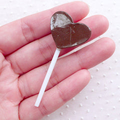 CLEARANCE Chocolate Lollipop Cabochon / Heart Candy Cabochon (1 piece / 25mm x 55mm / Brown / Flatback) Cute Fake Sweets Deco Kawaii Decoden FCAB347