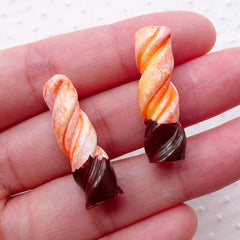 CLEARANCE Chocolate Dipped Swirl Pretzel Stick Cabochons (2pcs / 9mm x 28mm / 3D) Miniature Biscuit Sweets Decoden Phone Case Embellishment FCAB371