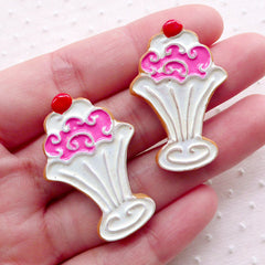 CLEARANCE Royal Icing Sugar Cookie Cabochon with Ice Cream Sundae Pattern (2pcs / 24mm x 37mm / Flatback) Kawaii Mini Treat Faux Food Decoden FCAB378