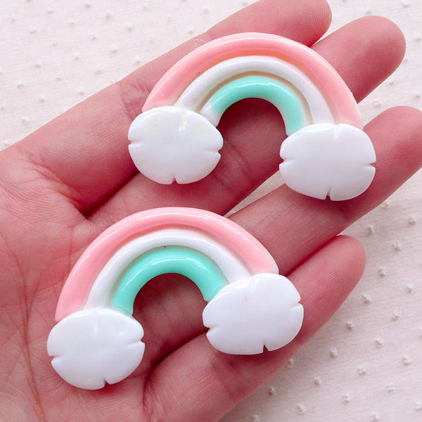 Kawaii Pastel Rainbow & Cloud Cabochons (2pcs / 46mm x 29mm / Flatback) Cute Embellishment Decoden Phone Case Decoration Scrapbooking CAB515
