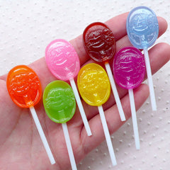 CLEARANCE Kawaii Lollipop Cabochons with Girl Face (7pcs / 19mm x 61mm / Assorted Mix / 3D) Faux Candy Fake Sweets Decoden Novelty Decoration FCAB397
