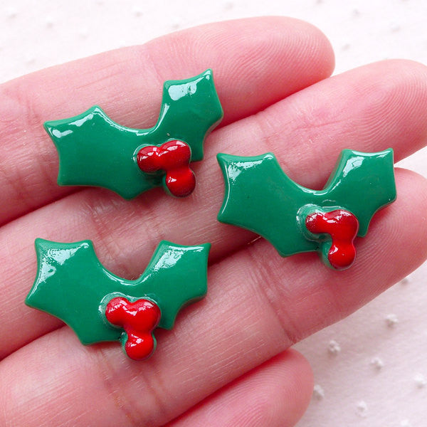 Christmas Holly Leaves Cabochons (3pcs / 20mm x 14mm / Flatback) Christmas Card Making Scrapbook Favor Embellishment Party Decoration CAB516