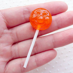 CLEARANCE Fake Lollipop Cabochons w/ Face (1 piece / 20mm x 57mm / Orange / 3D) Sweets Decoden Kawaii Embellishment Whimsy Jewelry Making FCAB423