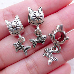 Cat Beads with Fish (3pcs / 10mm x 22mm / Tibetan Silver / 2 Sided) Cute Animal Bead Big Hole Focal Bead European Bracelet Making CHM2276