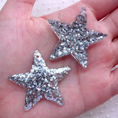 Confetti Star Charm / Star Cabochon Charms with Glitter Sequin (2pcs / 39mm x 38mm / Silver) Cute Jewelry Kitsch Decoden Kawaii Deco CHM2285