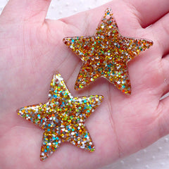 Colorful Glitter Confetti Star Cabochon / Star Charms with Sequin (2pcs / 39mm x 38mm / Gold) Decoden Phone Case Whimsical Deco CHM2289