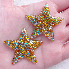 Colorful Glitter Confetti Star Cabochon / Star Charms with Sequin (2pcs / 39mm x 38mm / Gold) Decoden Phone Case Whimsical Deco CHM2289