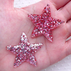 CLEARANCE Decoden Piece / Sprinkle Star Charms w/ Sequin / Glitter Star Cabochon w/ Confetti (2pcs / 39mm x 38mm / Pink) Kawaii Bling Jewelry CHM2290