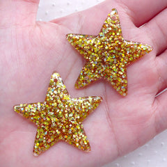 Glitter Star Charm / Bling Star Cabochon Charms with Confetti (2pcs / 39mm x 38mm / Gold) Kitsch Jewellery Kawaii Decoden Cute Deco CHM2284