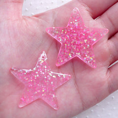 Sequin Star Cabochon Charm / Star Charm with Glitter Confetti (2pcs / 39mm x 38mm / Light Pink) Cute Decoration Kawaii Embellishment CHM2287