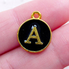Letter A Charm (1 piece / 13mm x 15mm / Gold & Black / 2 Sided) Initial Enamel Charm Alphabet Charm Kawaii Personalized Jewellery CHM2317