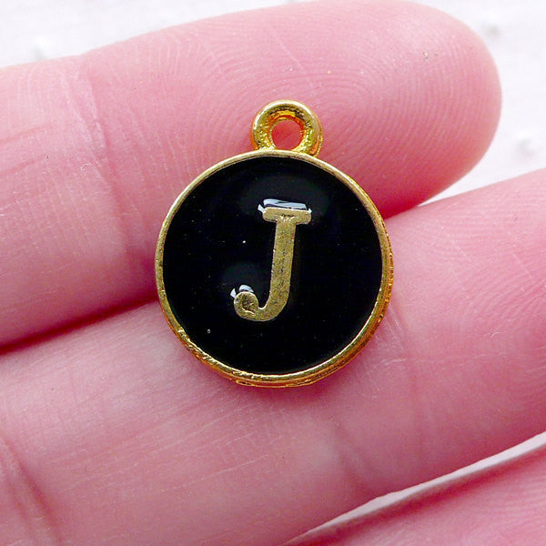Letter J Charm (1 piece 13mm x 15mm Gold Black Sided) Alphabet Enamel Charm Initial Charm Personalised Packaging Supplies CHM2326