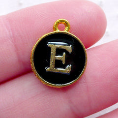 Alphabet E Charm (1 piece / 13mm x 15mm / Gold & Black / 2 Sided) Letter Enamel Charm Initial Charm Personalized Jewellery Keychain CHM2321