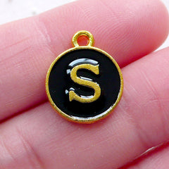 Letter S Charm (1 piece / 13mm x 15mm / Gold & Black / 2 Sided) Initial Enamel Charm Alphabet Charm Elegant Personalised Purse Charm CHM2335