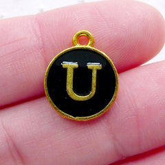 Initial U Charm (1 piece / 13mm x 15mm / Gold & Black / 2 Sided) Alphabet Enamel Charm Letter Charm Personalized Bookmark Charm CHM2337