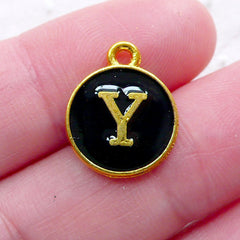 Letter Y Charm (1 piece / 13mm x 15mm / Gold & Black / 2 Sided) Initial Enamel Charm Alphabet Charm Personalized Earrings Making CHM2341