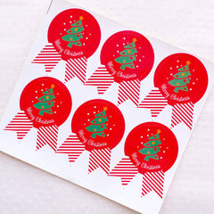CLEARANCE Merry Christmas Stickers in Badge Shape / Christmas Tree Stickers (12pcs / Red) Christmas Favor Seals Gift Packaging Party Supplies S324
