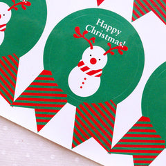 CLEARANCE Happy Christmas Stickers in Badge Shape / Christmas Snowman Stickers (12pcs / Green) Christmas Supplies Party Favor Seals Gift Packing S325