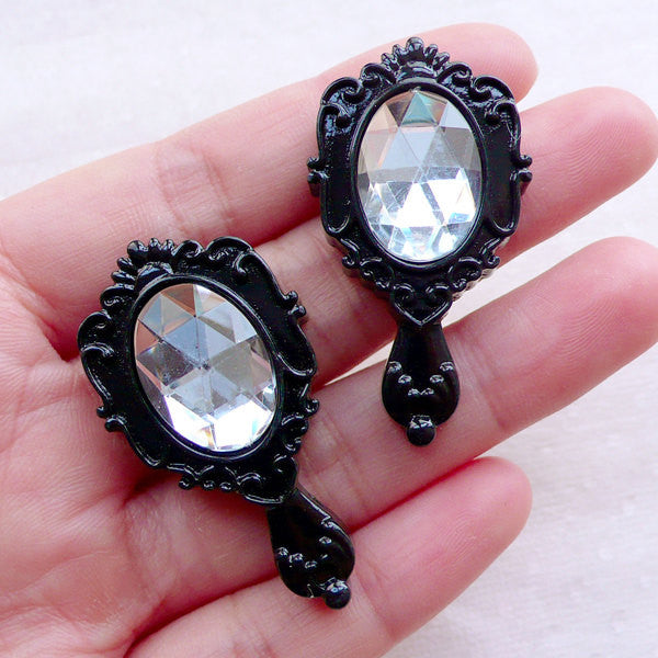 Victorian Hand Mirror Cabochons with Clear Rhinestone (2pcs / 24mm x 43mm / Black / Flat Back) Kawaii Princess Decoden Embellishment CAB531