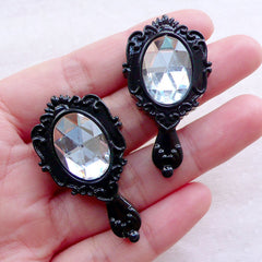 Victorian Hand Mirror Cabochons with Clear Rhinestone (2pcs / 24mm x 43mm / Black / Flat Back) Kawaii Princess Decoden Embellishment CAB531