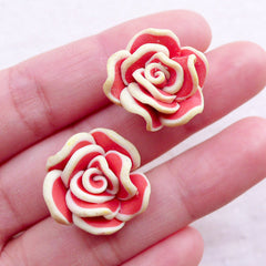 CLEARANCE Polymer Clay Floral Cabochons / Fimo Rose Flower Beads (2pcs / 18mm / Light Orange Red / Flatback) Earrings Ring Hair Clip Making CAB537