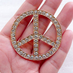 Peace Sign Metal Cabochon w/ Clear Rhinestones (1 piece / 46mm / Gold) Bling Bling Decoden Peace Symbol Hippie Hippy Jewellery CAB542