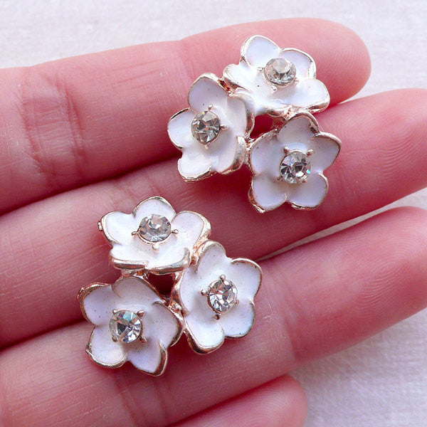 Triple Flowers Enamel Cabochon w/ Clear Rhinestones (2pcs / 22mm x 21mm) Floral Phone Case Deco Embellishment Decoden Hair Bow Center CAB544
