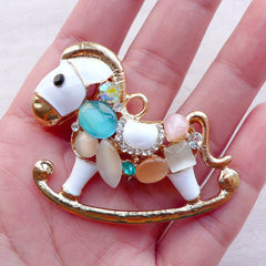 Large Rocking Horse Charm Pendant with Gems / Big Rocking Horse Metal Cabochon (1 piece / 50mm x 45mm / Gold) Kawaii Phone Case Deco CHM2374