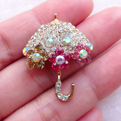 Bling Umbrella Metal Cabochon w/ Colorful Rhinestones (1 piece / 25mm x 32mm / Gold) Lolita Phone Case Decoration Kawaii Decoden CAB543