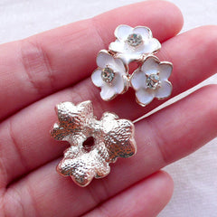 Triple Flowers Enamel Cabochon w/ Clear Rhinestones (2pcs / 22mm x 21mm) Floral Phone Case Deco Embellishment Decoden Hair Bow Center CAB544