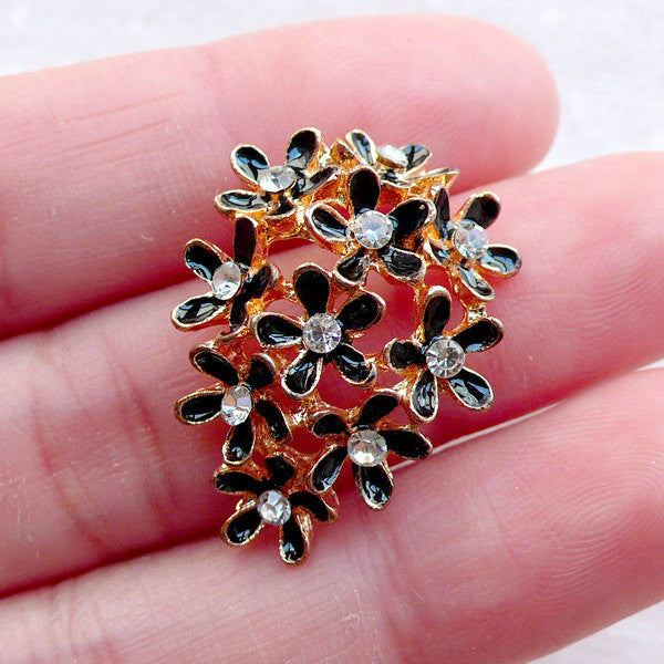 Flower Cluster Enamel Cabochon w/ Clear Rhinestones (1 piece / 20mm x 27mm / Gold & Black) Floral Embellishment Cell Phone Decoden CAB548