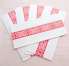 Long Envelopes with Scroll Pattern (5pcs / 11cm x 22cm / 4.33" x 8.66" / White & Red) Policy Envelope Open End Square Flap Bag Envelope S352