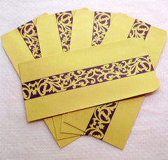 Kraft Bag Envelopes with Scroll Pattern / Long Open End Square Flap Envelope (5pcs / 11cm x 22cm / 4.33" x 8.66" / Brown & Purple) S355
