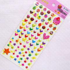 CLEARANCE Cupcake Heart Star Puffy Sticker (1 Sheet) Kawaii Deco Sticker Card Making Wedding Embellishment Valentines Day Gift Packaging Supplies S367