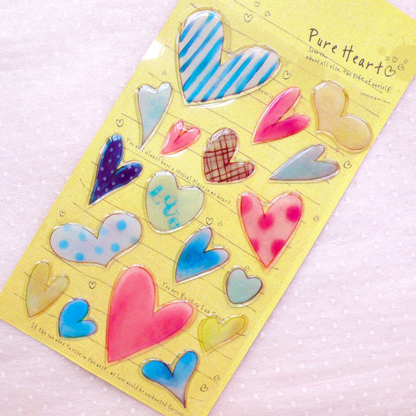 Watercolor Heart Stickers in 3D / Clear PVC Seal Stickers / Resin Stickers (1 Sheet) Valentines Day Wedding Card Making Scrapbooking S372
