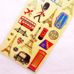 UK London Stickers / Gold Foil Paris Deco Stickers (1 Sheet) Filofax Sticker Planner Supplies Diary Embellishment United Kingdom Travel S392