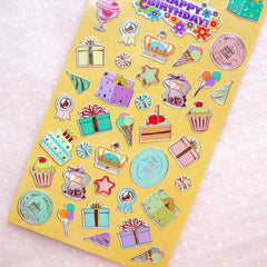 Birthday Stickers / Silver Foil Party Deco Stickers (1 Sheet / Cupcake Sweets Ice Cream Candy ) Happy Birthday Card Making Erin Condren S393